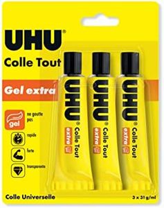 UHU colle tout gel extra - Colle gélifiée cristalline, ne goutte pas, multi-matériaux, transparente, lot 3 tubes 31g