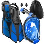 COZIA DESIGN Snorkel Set Adult - Full Face Snorkel Mask and Adjustable Swim Fins, 180° Panoramic View Scuba Mask, Anti Fog and Anti Leak (Blue Mask + Blue Fins, Mask L/XL + Fins L/XL)