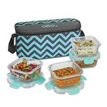 Allo Foodsafe Glass Lunch Box With Break Free Detachable Lock, Microwave & Oven Safe, Borosilicate Glass Container, Office Tiffin With Chevron Mint Bag, Set Of 4,310Ml, Square, Green