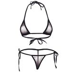 YiZYiF Women's Sheer Extreme Bikini Halterneck Top with Tie Sides Micro Thong Set Black B One Size
