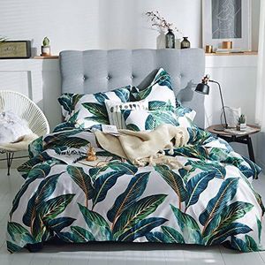 MKXI Home Duvet Cover Set Zipper Closure Vintage Print Quilt Cover Set White Queen Green Tropical Leaves Pattern Reversible Cotton Luxury Bedding Collection