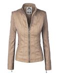 WJC877 Womens Panelled Faux Leather Moto Jacket M Khaki