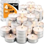 JD FRESH 50 PCS Tea Lights Smokeless Candles 4 Hours Long Burning Time | Mini Tealight Smokeless Paraffin Candles for Home, Pool, Shabbat, Weddings & Emergencies | White 50 PCS