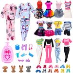 28 Pack Girl Dolls Clothes and Accessories, 2 Storytelling Pajamas, 3 Fashion Dresses, 3 Clothing Outfits, 10 Shoes, Travel Set for 11.5 inch Dolls, Mini School Supplies