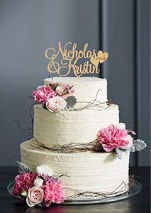 Décoration de gâteau de mariage avec prénoms et cœur - Doré/Argenté (personnalisable)