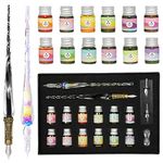 ESSSHOP Glass Dip Pen Calligraphy Ink Set - 17 Pcs Rainbow Crystal Pen Retro Carving Glass Pen 2 Replacement Nibs 12 Inks for Signatures Gift Cards Writing Calligraphy Beginners