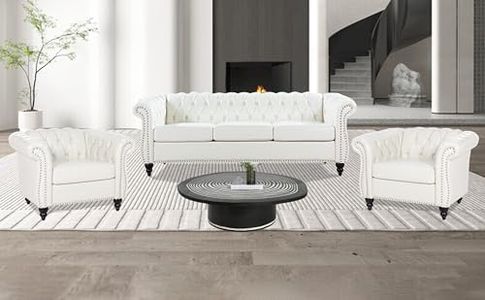 INOTEVERITORY Chesterfield Sofa Set, 3-Piece Sofa Set with Upholstered Tufted Button, Scroll Arms and Nailhead Trim, Modern PU Sofa Couch Set for Living Room Office