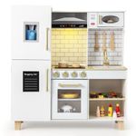 COSTWAY Kids Play Kitchen, Wooden Pretend Toy Kitchen with Realistic Lights & Sounds, Range Hood, Chalkboard, Sink, Faucet, Children's Chef Role Play Set for Boys Girls (White)
