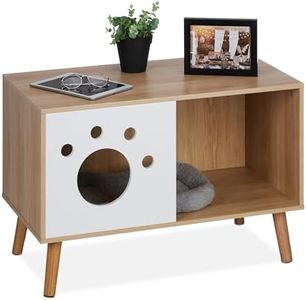 Relaxdays Armario para Gatos con Entrada Mueble para Arenero de Gato con Diseño de Patita, 50x75x40 cm, Cama, Escondite para Interior, Natural y Blanco, 70% 20% Tablero de Fibra 10% Madera