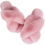 Ankis Women Slippers Pink Fluffy Slippers Memory Foam, Cross Band Furry Open Toe Slippers Cozy Plush Home Shoes Indoor Outdoor Anti-Slide Slipper