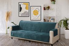 KINGLY Velvet Quilted Universal Elastic Sofa Cover Non-Slip Sofa Protector 7 Seater Armchair Cover with Machine Washable Adjustable Elastic Straps (4+3 Seater) (Green Blue)