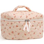 Prite Large Makeup Bag for Women Quilted Floral Cotton Cosmetic Bag Cute Coquette Aesthetic Floral Travel Toiletry Bag (Pink Flower)