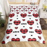 Girls Love Print Comforter Cover Cute Hearts Decor Bed Set Red Black Buffalo Plaid Duvet Cover I Love You Printed Bedding Set Super King Romanic Valentine'S Day Gifts For Her White 3 Piece
