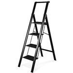 HBTower Aluminum Step Ladder, Black Step Stool for Adluts with Handrail, 330LBS Capacity Sturdy, Portable 4 Step Ladder for Home Kitchen Library Office