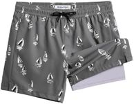 maamgic Mens 5.5 Inch Swim Trunks with Compression Liner Board Shorts Quick Dry Beach Swimwear with Zipper Pockets, Grey Sailboat, Large