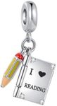 LSxAB Love Reading Pencil Charm Compatible Pandora Charm Bracelet Knowledge Power Read Book Dangle Pendant Women Family Girls Anniversary Birthday, No Gemstone