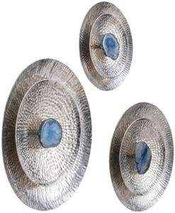 BosomHug Wall Decor Set of 3, Silver Aluminum Wall Sculpture, Oversized Textured Disc Wall Art with Blue Agate, Abstract Radial D