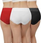 Fabluk Women's Cotton Mid Waist Hipster Panty with Lace Waist, Free Size (Pack of 3) (Red, Black, White (Bold Passion))