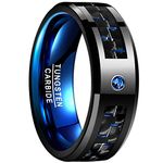 VAKKI 8mm Black Tungsten Ring Mens Wedding Ring Bands with Blue Cubic Zirconia and Carbon Fiber Beveled Edges Size S