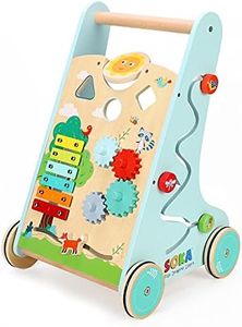 SOKA Walker Toy 5PCs Wooden Baby Walker First Step Activity Interactive Push Along Toy Steady Speed Entertainment Forest Activity Walking Wagon for Toddler Kids Children Boys Girls Ages 1 Year Old +