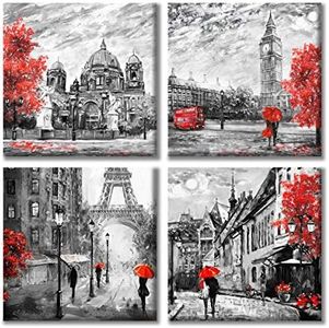 Paimuni Black White Red Contemporary Wall Art Big Ben Eiffel Tower Berlin Street Oil Painting Printed on Canvas Romantic Picture Framed Artwork Prints for Wall Decor 12x12 Inches