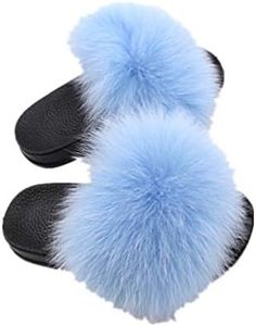 LVCOMEFF Girls real fox fur sandals slides fluffy fuzzy for kid child (light blue, numeric_8_point_5)