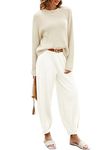 oten 2 Piece Outfits For Women Trendy Sweatsuit Lounge Sets Cozy Knit Sweater Long Sleeve Tracksuit Loungewear Set Beige White Medium