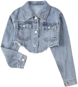 BEAUDRM Girl's Long Sleeve Asymmetrical Raw Hem Coat Collared Neck Button Up Crop Denim Jackets with Pockets Light Wash 10Y