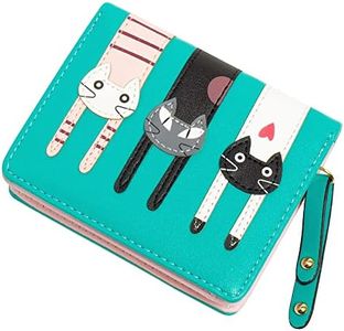 Mini Faux Leather Bifold Cute 3 Cat Zipper Clutch Wallet Handbag for Women Girls (Mint Green)