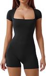 Hotexy Women's Short Sleeve Bodycon Workout Romper Stretchy One Piece Square Neck Sexy Unitard Athletic Jumpsuit,Black,S