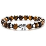 EDMIRIA Natural Semi Precious Stones Lucky Fortune Elephant Charm Positive Energy 7 Chakra 8mm Gemstones Beads Elastic Stretchable Bracelet for Men & Women (Tiger Eye)