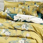 Chic Floral Duvet Cover King Size Bird Flower Pattern Comforter Cover Cotton Garden Floral Bedding Duvet Cover Aesthetic Bird Flower Print On Gold Duvet Cover Reversible Peacock Blue Bedding Sets