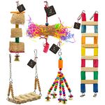 PETZOO Bundle of 5 Wooden Bird Toys Ladder, Swing, Perches, Bird Cage Hangings & Paper Foraging Shradded Toy Resting Toy Chew Toy for Your Birds, Parrots, Finches, African Gray, Conure Activity