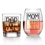 Dad & Mom Off Duty Gifts, Whiskey Glass and Stemless Wine Glass Set, Birthday Gift for Father’s Day Mother’s Day Christmas Birthday Daily Use Baby Shower