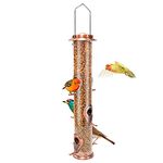 Urban Deco Metal Bird Feeder Tube Hanging Feeders Wild Bird Seed Feeder Metal 6 Port Bird Feeders with Steel Hanger Weatherproof and Water Resistant Great for Attracting Birds (Antique Copper)