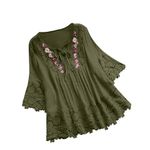 Keepink Tunic Tops for Women UK Plus Size 16-30 Cotton Linen Embroidered Top Lace V Neck 3/4 Sleeve T Shirts Summer Oversized Blouse Pullover Shirts Boho Peasant T-Shirts Trendy