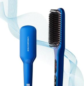 2023 Updated MEGAWISE Hair Straightener Ceramic Brush Anti-Scald Dual Voltage Flat iron Hot Brush | Rotatable Cord |Auto Shutoff | anti-frizz |for all hair types Blue