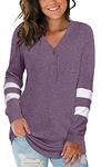 Aodemo Women's 2024 Fall-Winter Long Sleeve Tunic V Neck Button Tops Casual Color Block Blouse Sweatshirt M, Purple