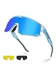 Excoutsty Polarized Sports Sunglasses for Men Women,UV400 Sports Windproof Cycling Sunglasses with 3 Interchangeable Lenses (Blue)