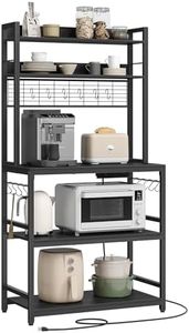 VASAGLE Hutch Bakers Rack with Power Outlet, 14 Hooks Microwave Stand, Adjustable Coffee Bar with Metal Wire Panel, Kitchen Storage Shelf, 15.7 x 31.5 x 66.9 Inches, Charcoal Gray and Ink Black