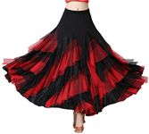 CISMARK Elegant Ballroom Latin Dance Party Long Swing Tiered Skirt for Women, Black Red, One Size