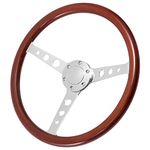 TEMSONE 15" Wood Steering Wheel Grain Billet Satin 3 Spokes, 2.1" Deep Dish Universal Classic Vintage Nostalgia Style Finger Grip Wooden Steering Wheel with 6 Bolts Horn Button (3 Holes)