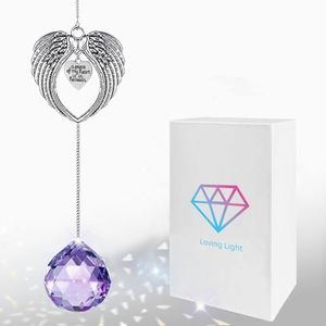 Memorial Crystal Suncatcher, Sympathy Gifts for Loss of Loved One, Angel Wing Clear Crystal Ball Window Suncatcher Gift Box for Remembrance (Purple)