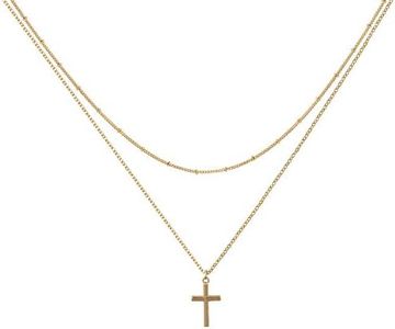 Befettly Layered Cross Necklace, Women 14k Gold Filled Polished Faith Necklace Dainty Pendant Necklace Crucifix Cute Double Layered Beads Cross Necklace Y-1-Cross Layered
