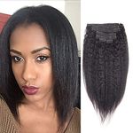 Yaki Straight Human Hair Clip in Kinky Straight Hair Extension Virgin Brazialian Hair Clip ins 7pcs/set 10"-24" 80g-180g (80g 10", 1B)