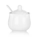 Yelife Ceramic Sugar Bowl with Lid and Spoon, White Porcelain Sugar Salt Pepper Storage Jar, 7 Ounces