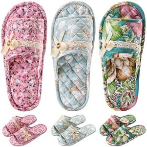 3 Pairs Floral Cotton House Slippers for Women, Open Toe Indoor Slippers Comfortable Washable Portable Foldable Guest Travel Hotel Airplane Spa Slippers, Multi Color Floral, 4-6.5