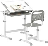 Qaba Kids Desk and Chair Set, Height Adjustable Study Table and Chair Set with Drawer, Pen Slot, Tiltable Desktop, Hook, Grey