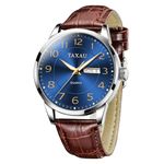 Taxau Mens Watch Brown Leather Strap - Waterproof Men Watch Big Face Analog Quartz Dress Watch with Day Date - Classic Fashion Wrist Lether Watch for Men