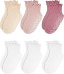 Sooneeya Baby Girls Ruffle Socks Toddler Ankle Sock with Grippy Cute Frilly | Soft, Cotton, 0-12M 6 Pairs White White White Orange Pink Deep Pink